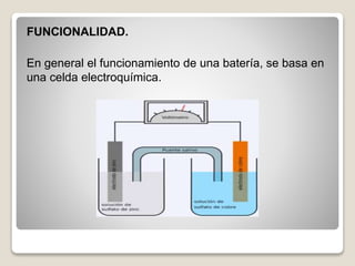 FUNCIONALIDAD.
En general el funcionamiento de una batería, se basa en
una celda electroquímica.
 