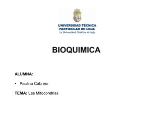 BIOQUIMICA
ALUMNA:
• Paulina Cabrera
TEMA: Las Mitocondrias
 