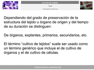 Dependiendo del grado de preservación de la estructura del tejido u órgano de origen y del tiempo de su duración se distinguen:   De órganos, explantes, primarios, secundarios, etc. El término “cultivo de tejidos” suele ser usado como un término genérico que incluye el de cultivo de órganos y el de cultivo de células.   Tipos GENERALIDADES DE LA BIOTECNOLOGIA PROYECTO DE REVISIÓN Y AJUSTE DE LOS PLANES DE ORDENAMIENTO TERRITORIAL DE 25 MUNICIPIOS DE ANTIOQUIA CULTIVO DE TEJIDOS COMPONENTE CONCEPTUAL 