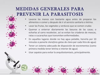 MEDIDAS GENERALES PARA
PREVENIR LA PARASITOSIS
• Lavarse las manos con bastante agua antes de preparar los
alimentos o comer y después de ir al servicio sanitario o letrina.
• Lavar las frutas, los vegetales y verduras que se comen crudas
• Quemar o enterrar diariamente las basuras de las casas; o
echarlas al carro recolector, así se evitan los criaderos de moscas,
ratas o cucarachas que transmiten enfermedades.
• En aquellos lugares donde no hay agua potable, hervirla por 10
minutos o ponerle cloro(tres gotas de cloro por cada litro de agua)
• Tener un sistema adecuado de disposición de excrementos (como
primera medida tener letrina o interior de agua)
• Usar zapatos para evitar la anquilostomiasis, principalmente.
 