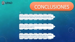 CONCLUSIONES
4.
Identificamos los distintos criterios que se utilizaron para la
construcción de las diferentes estructuras hidráulicas de riego.
5.
Logramos identificar a cuantas hectáreas abastecía la Bocatoma,
que este caso fueron 8025 ha.
6.
Identificamos los caudales y criterios que se usaron
para el diseño y construcción de la Bocatoma.
 
