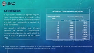 1.2 HIDROLOGÍA:
El río Chicama presenta un régimen irregular,
cuyas mayores descargas se registran en los
meses de enero a abril y las mínimas durante
el estiaje que corresponde al período de
mayo a diciembre.
Los caudales calculados para diversos
períodos de retorno y distribuciones
considerando el período de registro total de
1926 a 1999, se presentan en el Cuadro
N°01:
FRECUENCIA DE CAUDALES MÁXIMOS – RÍO CHICAMA
TIEMPO DE RETORNO
(años)
CAUDAL MÁXIMO (m3/seg)
MEDIO DIARIO* INSTANTÁNEO
2
5
10
20
25
50
100
175
200
500
180,10
347,19
489,39
649,88
705,87
894,36
1 106,60
1 296,79
1 344,74
1 703,13
221,03
426,08
600,59
797,55
866,27
1 097,59
1 358,06
1591,46
1 650,32
2 090,14
 Para el presente caso y para efectos de diseño, se ha adoptado un caudal máximo en el río Chicama de 1097.59 m3/seg, que corresponde a
la función de distribución Log Pearson Tipo III del período de retorno de 50 años.
Función de Distribución Teórica Log Pearson Tipo III
 