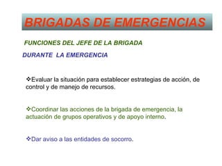BRIGADAS DE EMERGENCIAS
FUNCIONES DEL JEFE DE LA BRIGADA
DURANTE LA EMERGENCIA


Evaluar la situación para establecer estrategias de acción, de
control y de manejo de recursos.


Coordinar las acciones de la brigada de emergencia, la
actuación de grupos operativos y de apoyo interno.


Dar aviso a las entidades de socorro.
 