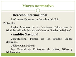 Marco normativo

      - Derecho Internacional
      La Convención sobre los Derechos del Niño
Protocolos
    Reglas Mínimas de las Naciones Unidas para la
 Administración de Justicia de Menores “Reglas de Beijing”
      - Ámbito Nacional
     Constitucional Política de los Estados Unidos
 Mexicanos
     Código Penal Federal.
     Ley Federal de Protección de Niñas, Niños y
 Adolescentes
 