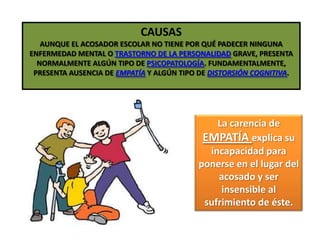 CAUSASAUNQUE EL ACOSADOR ESCOLAR NO TIENE POR QUÉ PADECER NINGUNA ENFERMEDAD MENTAL O TRASTORNO DE LA PERSONALIDAD GRAVE, PRESENTA NORMALMENTE ALGÚN TIPO DE PSICOPATOLOGÍA. FUNDAMENTALMENTE, PRESENTA AUSENCIA DE EMPATÍA Y ALGÚN TIPO DE DISTORSIÓN COGNITIVA.La carencia de EMPATÍA explica su incapacidad para ponerse en el lugar del acosado y ser insensible al sufrimiento de éste. 