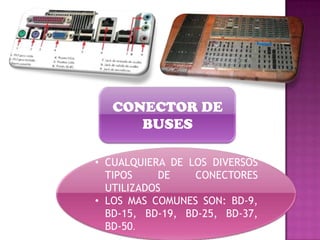 CONECTOR DE
BUSES
• CUALQUIERA DE LOS DIVERSOS
TIPOS
DE
CONECTORES
UTILIZADOS
• LOS MAS COMUNES SON: BD-9,
BD-15, BD-19, BD-25, BD-37,
BD-50.

 