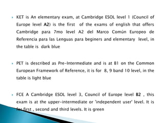  KET is An elementary exam, at Cambridge ESOL level 1 (Council of
Europe level A2) is the first of the exams of english that offers
Cambridge para 7mo level A2 del Marco Común Europeo de
Referencia para las Lenguas para beginers and elementary level, in
the table is dark blue
 PET is described as Pre-Intermediate and is at B1 on the Common
European Framework of Reference, it is for 8, 9 band 10 level, in the
table is light blue
 FCE A Cambridge ESOL level 3, Council of Europe level B2 , this
exam is at the upper-intermediate or 'independent user' level. It is
for first , second and third levels. It is green
 