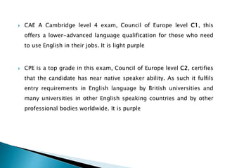  CAE A Cambridge level 4 exam, Council of Europe level C1, this
offers a lower-advanced language qualification for those who need
to use English in their jobs. It is light purple
 CPE is a top grade in this exam, Council of Europe level C2, certifies
that the candidate has near native speaker ability. As such it fulfils
entry requirements in English language by British universities and
many universities in other English speaking countries and by other
professional bodies worldwide. It is purple
 