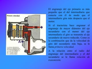 El engranaje del eje primario es más
pequeño que el del intermediario que
conecta con él de modo que el
intermediario gira más despacio que el
motor.
Si el tractorista hace engranar el
engranaje de mayor diámetro del eje
secundario con el menor del eje
intermediario el giro se transmite al eje
secundario de nuevo reducido. Como es
la combinación que da la velocidad de
giro del secundario más baja, se le
llama primera velocidad.
A la relación entre el radio del
engranaje del intermediario y el del
secundario se le llama relación de
transmisión.
 