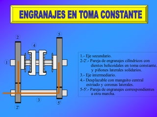 1
2
4
5
3
2'
5'
1.- Eje secundario.
2-2'.- Pareja de engranajes cilíndricos con
dientes helicoidales en toma constante.
y piñones laterales solidarios.
3.- Eje intermediario.
4.- Desplazable con manguito central
estriado y coronas laterales.
5-5'.- Pareja de engranajes correspondientes
a otra marcha.
 