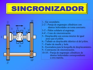 1
2
4
53
2'
10'
1.- Eje secundario.
2-2'.- Pareja de engranajes cilíndricos con
dientes helicoidales en toma constante.
3-3'.- Piñón solidario al engranaje.
4-4'.- Cono de sincronización.
5.- Desplazable con corona interior de igual
paso que el piñón.
6
3'
4'
8
10
9
7
6.- Tallado en desplazable idéntico al del piñón.
7.- Fiador de muelle y bola.
8.- Escotadura para la horquilla de desplazamiento.
9.- Contracono de sincronización.
10-10'.- Pareja de engranajes cilíndricos de
dientes helicoidales correspondiente
a otra marcha.
 
