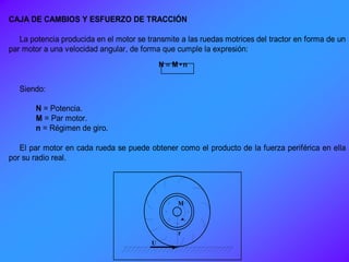 CAJA DE CAMBIOS Y ESFUERZO DE TRACCIÓN
La potencia producida en el motor se transmite a las ruedas motrices del tractor en forma de un
par motor a una velocidad angular, de forma que cumple la expresión:
n•MN 
Siendo:
N = Potencia.
M = Par motor.
n = Régimen de giro.
El par motor en cada rueda se puede obtener como el producto de la fuerza periférica en ella
por su radio real.
U
r
M
 