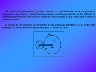 Se clasifican los sistemas de engranajes planetarios en epicicloide e hipocicloide según que el
engranaje fijo sea interior o exterior. La nomenclatura normalmente utilizada en los sistemas de
engranajes planetarios es la de llamar al engranaje interior planeta, al que rueda sobre el satélite y
al exterior corona.
El estudio de las relaciones de transmisión en los engranajes planetarios es en cierto modo
complejo. Así, en los reductores epicicloides, para su estudio se tiene:
r
r

s
ps
p
s
p
rps
 