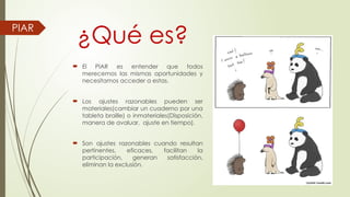 ¿Qué es?
 El PIAR es entender que todos
merecemos las mismas oportunidades y
necesitamos acceder a estas.
 Los ajustes razonables pueden ser
materiales(cambiar un cuaderno por una
tableta braille) o inmateriales(Disposición,
manera de avaluar, ajuste en tiempo).
 Son ajustes razonables cuando resultan
pertinentes, eficaces, facilitan la
participación, generan satisfacción,
eliminan la exclusión.
PIAR
 