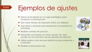 Ejemplos de ajustes
 Ubicar al estudiante en un lugar estratégico para
favorecer su participación .
 Dar mayor tiempo de respuesta (niños con dislexia)
 Usar señas o símbolos para representar una dinámica o
actividad.
 Realizar cambios de posición.
 Desarrollar actividades en mesa, de pie, etc. Que
ayuden en el incremento de los periodos de atención.
 Utilizar audios como recursos didácticos para presentar u
contenido.
 Realizar evaluaciones oral.
PIAR
 