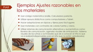 Ejemplos Ajustes razonables en
los materiales
 Usar código matemático braille, Calculadora parlante.
 Utilizar apoyos didácticos como computadores y Tablet.
 Hacer adaptaciones en lápices y tijeras para fácil agarre
 Usar materiales con contrastes de colores fuertes y claros.
 Utilizar sistemas de comunicación alternativos y aumentativos como:
llaveros de comunicación, agendas visuales de anticipación, tableros
visuales de las rutinas o actividades que de a conocer al niño lo que
va a realizar(indispensables para el niño que no están verbalizados)
PIAR
 