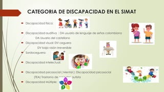  Discapacidad física:
 Discapacidad auditiva : DA usuario de lenguaje de señas colombiana
DA Usuario del castellano
 Discapacidad visual: DV ceguera
DV baja visión irreversible
 Sordoceguera:
 Discapacidad intelectual:
 Discapacidad psicosocial ( Mental ): Discapacidad psicosocial
(TEA) Trastorno de espectro autista
 Discapacidad Múltiple:
CATEGORIA DE DISCAPACIDAD EN EL SIMAT
 