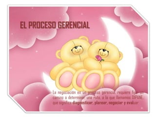 EL PROCESO GERENCIAL




         La negociación en un proceso gerencia, requiere fijar un
         camino o determinar una ruta, a la que llamamos DIPANE,
         que significa diagnosticar, planear, negociar y evaluar
 