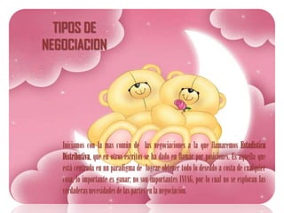 TIPOS DE
NEGOCIACION




   Iniciamos con la mas común de las negociaciones a la que llamaremos Estadística
   Distributiva, que en otros escritos se ha dado en llamar por posiciones. Es aquella que
   está centrada en un paradigma de lograr obtener todo lo deseado a costa de cualquier
   cosa, lo importante es ganar; no son importantes INVAG, por lo cual no se exploran las
   verdaderas necesidades de las partes en la negociación.
 