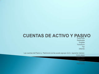 CUENTAS DE ACTIVO Y PASIVODisponibleRealizableExigibleTransitorioFijoDiferido Las cuentas del Pasivo y  Patrimonio se las puede agrupar de la  siguiente manera:Corto plazoLargo PlazoTransitorioDiferidoPatrimonio 
