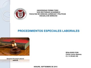 Derecho Procesal Laboral
SAIA-BI
PROCEDIMIENTOS ESPECIALES LABORALES
ARAURE, SEPTIEMBRE DE 2015
REALIZADO POR:
Carlos Javier Adames
C.I. V- 20.643.162
UNIVERSIDAD FERMIN TORO
VICE RECTORADO ACADEMICO
FACULTAD DE CIENCIAS JURIDICAS Y POLITICAS
ESCUELA DE DERECHO
 