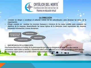 LA DIRECCIÓN 
• Consiste en dirigir y coordinar el esfuerzo común de los subordinados, para alcanzar las metas de la 
organización. 
• Dirigir consiste en cambiar los recursos humanos y técnicos de los mejor posible para conseguir los 
objetivos de la empresa, desarrollando las tareas típicas de la dirección como representar ala empresa, 
transmitir información y tomar decisiones. 
elementos de 
la dirección 
motivación 
supervisión 
comunicación 
• IMPORTANCIA DE LA DIRECCIÓN: 
Una buena dirección es el reflejo de la preocupación por quienes dirigimos, el saber día a día como se 
encuentran, saber sobre su familia y claramente saber como se sienten en su lugar de trabajo, si creen que hay 
que mejorar algún punto y así poder cubrir sus necesidades laborales. 
 