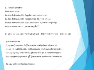 2.- Función Objetivo
Minimiza Costos: Z:
Costos de Producción Regular: 50(x1+x2+x3+x4)
Costos de Producción Horas Extras: 75(y1+y2+y3+y4)
Costos de Producción Sub Contratado: 85(w1+w2+w3+w4)
Costos e Inventario: 3(e1+e2+e3+e4)˚
Z= 50(x1+x2+x3+x4) + 75(y1+y2+y3+y4) + 85(w1+w2+w3+w4) + 3(e1+e2+e3)
3.- Restricciones
(x1+y1+w1)-50.000 = E1 (Excedente en el primer trimestre)
(e1+x2+y2+w2)-150.000= E2 (Excedente en el segundo trimestre)
(e2+x3+y3+w3)-200.000= E3 (Excedente en el tercer trimestre)
(e3+x4+y4+w4)-52.000= E4˚ (Excedente en el cuarto trimestre)
De aquí se tienen las restricciones
 