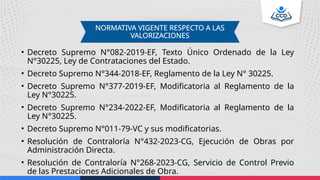• Decreto Supremo N°082-2019-EF, Texto Único Ordenado de la Ley
N°30225, Ley de Contrataciones del Estado.
• Decreto Supremo N°344-2018-EF, Reglamento de la Ley N° 30225.
• Decreto Supremo N°377-2019-EF, Modificatoria al Reglamento de la
Ley N°30225.
• Decreto Supremo N°234-2022-EF, Modificatoria al Reglamento de la
Ley N°30225.
• Decreto Supremo N°011-79-VC y sus modificatorias.
• Resolución de Contraloría N°432-2023-CG, Ejecución de Obras por
Administración Directa.
• Resolución de Contraloría N°268-2023-CG, Servicio de Control Previo
de las Prestaciones Adicionales de Obra.
NORMATIVA VIGENTE RESPECTO A LAS
VALORIZACIONES
 