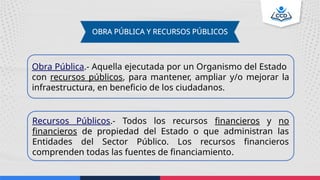 OBRA PÚBLICA Y RECURSOS PÚBLICOS
Obra Pública.- Aquella ejecutada por un Organismo del Estado
con recursos públicos, para mantener, ampliar y/o mejorar la
infraestructura, en beneficio de los ciudadanos.
Recursos Públicos.- Todos los recursos financieros y no
financieros de propiedad del Estado o que administran las
Entidades del Sector Público. Los recursos financieros
comprenden todas las fuentes de financiamiento.
 