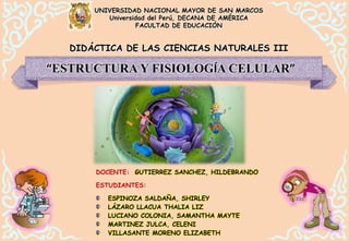 DOCENTE: GUTIERREZ SANCHEZ, HILDEBRANDO
ESTUDIANTES:
ESPINOZA SALDAÑA, SHIRLEY
LÁZARO LLACUA THALIA LIZ
LUCIANO COLONIA, SAMANTHA MAYTE
MARTINEZ JULCA, CELENI
VILLASANTE MORENO ELIZABETH
UNIVERSIDAD NACIONAL MAYOR DE SAN MARCOS
Universidad del Perú, DECANA DE AMÉRICA
FACULTAD DE EDUCACIÓN
DIDÁCTICA DE LAS CIENCIAS NATURALES III
“ESTRUCTURA Y FISIOLOGÍA CELULAR”
 