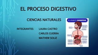 EL PROCESO DIGESTIVO
CIENCIAS NATURALES
INTEGRANTES: LAURA CASTRO
CARLOS GUERRA
MATHEW SOLIZ
 