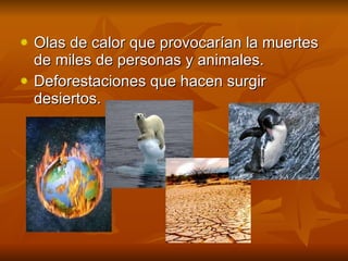 Olas de calor que provocarían la muertes de miles de personas y animales. Deforestaciones que hacen surgir desiertos. 
