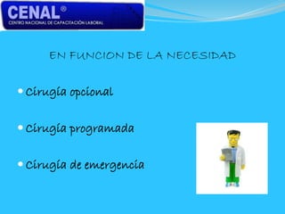 EN FUNCION DE LA NECESIDAD
 Cirugía opcional
 Cirugía programada
 Cirugía de emergencia
 
