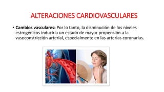• Cambios vasculares: Por lo tanto, la disminución de los niveles
estrogénicos induciría un estado de mayor propensión a la
vasoconstricción arterial, especialmente en las arterias coronarias.
ALTERACIONES CARDIOVASCULARES
 