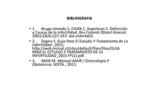 BIBLIOGRAFIA
• 1. Brugo-olmedo S, Chillik C, Kopelman S. Definición
y Causas de la Infertilidad. Rev Colomb Obstet Ginecol.
2003;54(4):227-247. doi:v54n4a03.
• 2. Zegers F. Guía Para El Estudio Y Tratamiento de La
Infertilidad.; 2015.
http://web.minsal.cl/sites/default/files/files/GUIA
PARA EL ESTUDIO Y TRATAMIENTO DE LA
INFERTILIDAD_2015 FF(1).pdf.
• 3. AMIR M. Manual AMIR / Ginecología Y
Obstetricia. SEXTA.; 2013.
 
