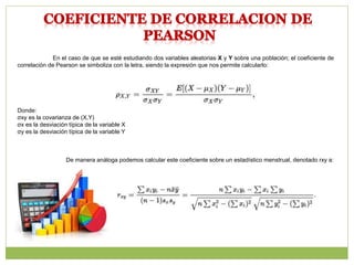 En el caso de que se esté estudiando dos variables aleatorias X y Y sobre una población; el coeficiente de
correlación de Pearson se simboliza con la letra, siendo la expresión que nos permite calcularlo:
Donde:
σxy es la covarianza de (X,Y)
σx es la desviación típica de la variable X
σy es la desviación típica de la variable Y
De manera análoga podemos calcular este coeficiente sobre un estadístico menstrual, denotado rxy a:
 
