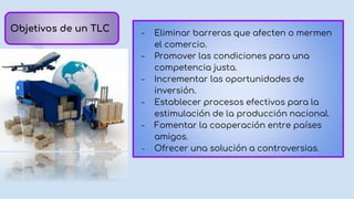 Objetivos de un TLC - Eliminar barreras que afecten o mermen
el comercio.
- Promover las condiciones para una
competencia justa.
- Incrementar las oportunidades de
inversión.
- Establecer procesos efectivos para la
estimulación de la producción nacional.
- Fomentar la cooperación entre países
amigos.
- Ofrecer una solución a controversias.
 