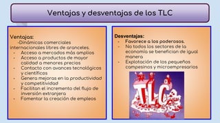 Ventajas y desventajas de los TLC
Ventajas:
-Dinámicas comerciales
internacionales libres de aranceles.
- Acceso a mercados más amplios
- Acceso a productos de mayor
calidad a menores precios
- Contacto con avances tecnológicos
y científicos
- Genera mejoras en la productividad
y competitividad
- Facilitan el incremento del flujo de
inversión extranjera
- Fomentar la creación de empleos
Desventajas:
- Favorece a los poderosos.
- No todos los sectores de la
economía se benefician de igual
manera
- Explotación de los pequeños
campesinos y microempresarios
 