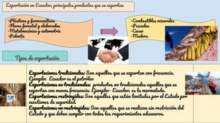 Exportación en Ecuador, principales productos que se exportan
Tipos de exportación
-Plásticos y farmaceúticos
-Flores forestal y elaborados
-Metalmecánica y automotriz
-Palmita
-Combustibles minerales
-Pescados
-Cacao
-Madera
Exportaciones tradicionales: Son aquellos que se exportan con frecuencia.
Ejemplo: Ecuador es el petróleo
Exportaciones no tradicionales: productos no tradicionales aquellos que se
exportan con menos frecuencia. Ejemplo:- Ecuador, es la mermelada.
Exportaciones restringidas: Son aquellas que están limitadas por el Estado por
cuestiones de seguridad.
Exportaciones no restringidas: Son aquellas que se realizan sin restricción del
Estado y que deben cumplir con todos los requerimientos aduaneros.
 