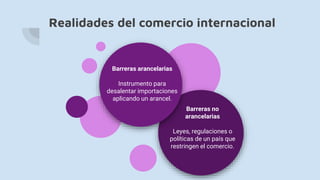Realidades del comercio internacional
Barreras no
arancelarias
Leyes, regulaciones o
políticas de un país que
restringen el comercio.
Barreras arancelarias
Instrumento para
desalentar importaciones
aplicando un arancel.
 