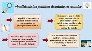 Análisis de las políticas de estado en ecuador
Las políticas de estado en
ecuador tienen una base
con respecto a los
principios del buen vivir
Al hablar de análisis se debe
tomar en cuenta aquellos
aspectos que son necesidades
para el desarrollo del país
Es necesario que el estado
ponga medidas a largo
plazo sobre aquellos
objetivos que modifiquen la
estructura económico
política del Estado
Estas políticas de estado deben
centrarse en las acciones
presupuestarias para fortalecer
la estructura productiva del
país
 