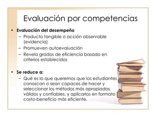 Evaluación por competencias Evaluación del desempeño Producto tangible o acción observable (evidencia) Promueven autoevaluación Revela grados de eficiencia basado en criterios establecidos Se reduce a: Qué es lo que queremos que los estudiantes conozcan o sean capaces de hacer y seleccionar los métodos más apropiados, válidos y confiables, y aplicarlos en formato costo-beneficio más eficiente. 