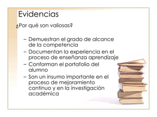 ¿Por qué son valiosas? Demuestran el grado de alcance de la competencia Documentan la experiencia en el proceso de enseñanza aprendizaje Conforman el portafolio del alumno Son un insumo importante en el proceso de mejoramiento continuo y en la investigación académica Evidencias 