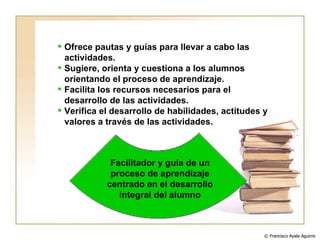 Ofrece pautas y guías para llevar a cabo las actividades. Sugiere, orienta y cuestiona a los alumnos orientando el proceso de aprendizaje. Facilita los recursos necesarios para el desarrollo de las actividades. Verifica el desarrollo de habilidades, actitudes y valores a través de las actividades. Facilitador y guía de un proceso de aprendizaje centrado en el desarrollo integral del alumno © Francisco Ayala Aguirre  