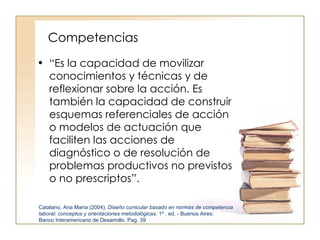 Competencias “ Es la capacidad de movilizar conocimientos y técnicas y de reflexionar sobre la acción. Es también la capacidad de construir esquemas referenciales de acción o modelos de actuación que faciliten las acciones de diagnóstico o de resolución de problemas productivos no previstos o no prescriptos”. Catalano, Ana María (2004).  Diseño curricular basado en normas de competencia laboral: conceptos y orientaciones metodológicas.  1º . ed. - Buenos Aires:  Banco Interamericano de Desarrollo. Pag. 39 