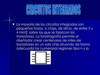  La mayoría de los circuitos integrados son
La mayoría de los circuitos integrados son
pequeños trozos, o chips, de silicio, de entre 2 y
pequeños trozos, o chips, de silicio, de entre 2 y
4 mm2, sobre los que se fabrican los
4 mm2, sobre los que se fabrican los
transistores. La fotolitografía permite al
transistores. La fotolitografía permite al
diseñador crear centenares de miles de
diseñador crear centenares de miles de
transistores en un solo chip situando de forma
transistores en un solo chip situando de forma
adecuada las numerosas regiones tipo n y p.
adecuada las numerosas regiones tipo n y p.
 
