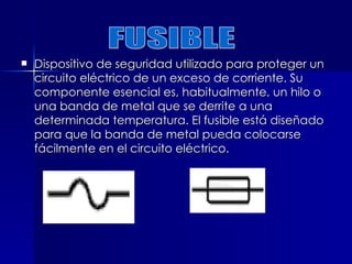  Dispositivo de seguridad utilizado para proteger un
Dispositivo de seguridad utilizado para proteger un
circuito eléctrico de un exceso de corriente. Su
circuito eléctrico de un exceso de corriente. Su
componente esencial es, habitualmente, un hilo o
componente esencial es, habitualmente, un hilo o
una banda de metal que se derrite a una
una banda de metal que se derrite a una
determinada temperatura. El fusible está diseñado
determinada temperatura. El fusible está diseñado
para que la banda de metal pueda colocarse
para que la banda de metal pueda colocarse
fácilmente en el circuito eléctrico.
fácilmente en el circuito eléctrico.
 