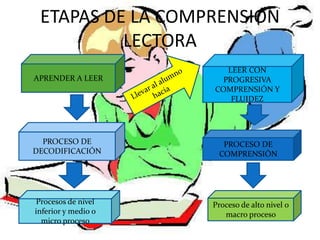 ETAPAS DE LA COMPRENSION
          LECTORA
                        LEER CON
APRENDER A LEER        PROGRESIVA
                     COMPRENSIÓN Y
                         FLUIDEZ




  PROCESO DE           PROCESO DE
DECODIFICACIÓN        COMPRENSIÓN




Procesos de nivel    Proceso de alto nivel o
inferior y medio o      macro proceso
  micro proceso
 