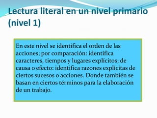 Lectura literal en un nivel primario
(nivel 1)

 En este nivel se identifica el orden de las
 acciones; por comparación: identifica
 caracteres, tiempos y lugares explícitos; de
 causa o efecto: identifica razones explícitas de
 ciertos sucesos o acciones. Donde también se
 basan en ciertos términos para la elaboración
 de un trabajo.
 