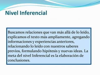 Nivel Inferencial

 Buscamos relaciones que van más allá de lo leído,
 explicamos el texto más ampliamente, agregando
 informaciones y experiencias anteriores,
 relacionando lo leído con nuestros saberes
 previos, formulando hipótesis y nuevas ideas. La
 meta del nivel Inferencial es la elaboración de
 conclusiones.
 
